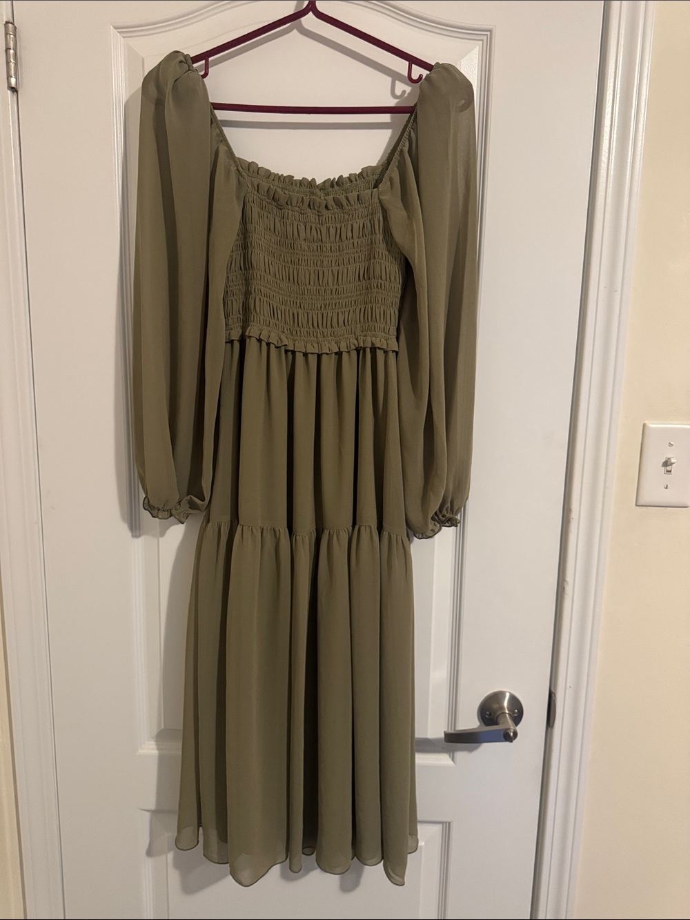 Aritzia Olive Green Smocked Midi Dress with Sheer Bishop Sleeves